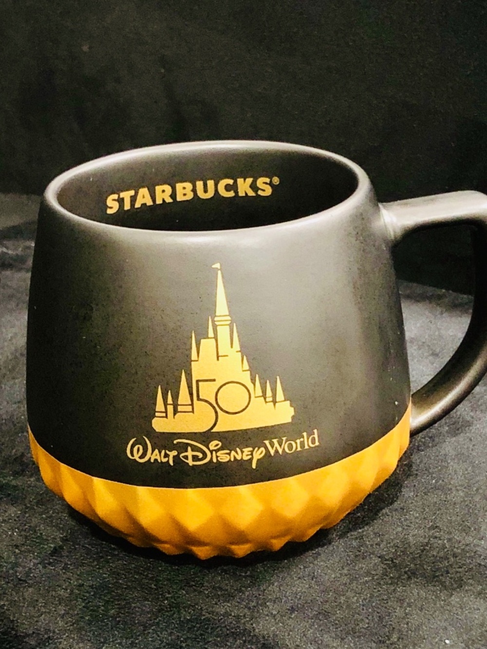 Disney World 50th Anniversary Starbucks Matte Black Gold Luxe Logo Mug 12oz